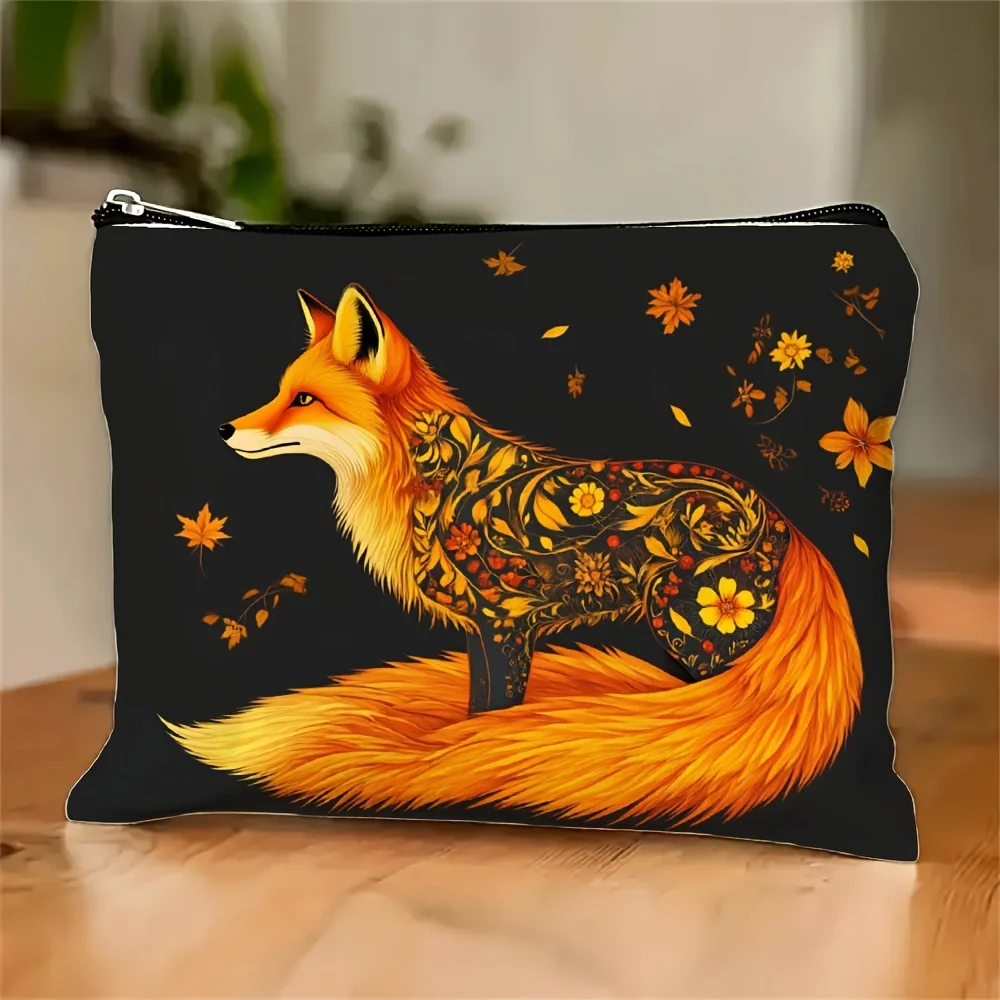 กระเป๋าแต่งหน้าลายสุนัขจิ้งจอกและลายดอกไม้-กระเป๋าซิปอเนกประสงค์, กระเป๋าเก็บเครื่องประดับ, กระเป๋าซิปขนาดเล็กสำหรับเดินทางที่สมบูรณ์แบบ