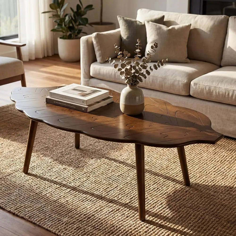

Журнальный столик в стиле Mid-Century Modern, в форме листа, из массива ореха с резным декором, центральный стол для гостиной/квартиры