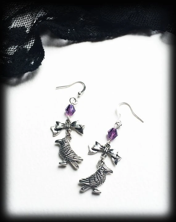 Raven Crow Bird Earrings, Gothic Jewelry, Purple Crystal Beads, Edgar Allan Poe Poem, Nevermore, Antique Silver,