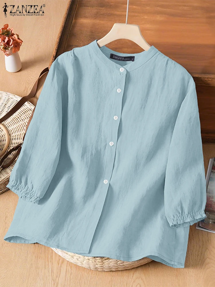 

ZANZEA Fashion Elastic-Cuff 3/4 Sleeve Tunic Tops Casual Woman Day Wear Button Up Chemise Femme O-Neck Solid 2025 Summer Shirts