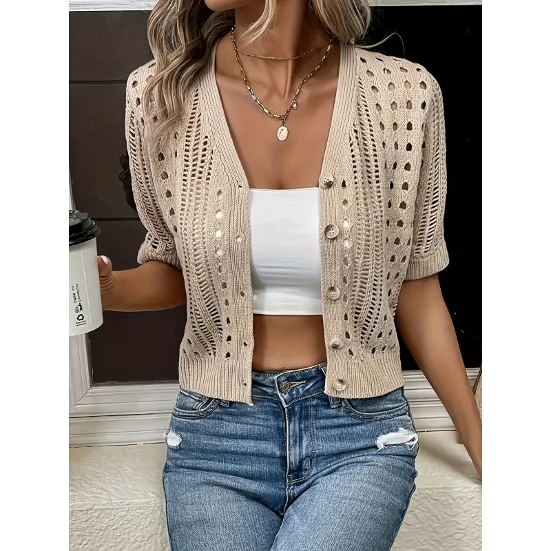 

Hollow Knit Cardigan Women's Knitted Open-Shirt Hollow out Design Spring Fashion Ladies' Sweater Cross-Border