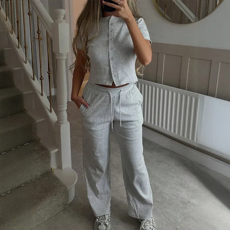 

Women's 2 Piece Outfit Short Sleeve Button Down Crop Top Wide Leg Sweatpants Set Casual Loungewear