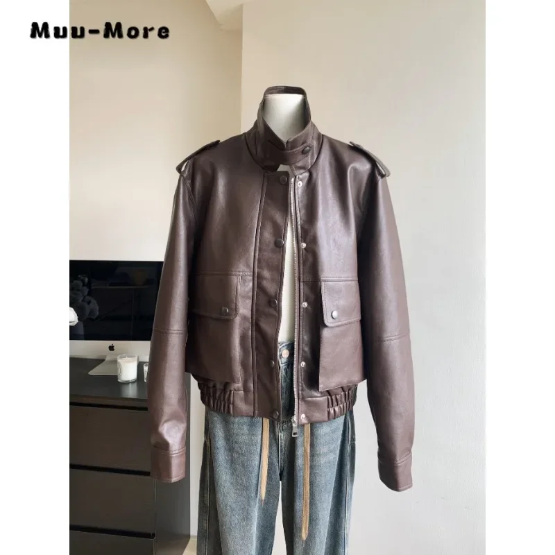 2023 Winter Frauen High Street lässig Retro Motorrad Kunstleder Jacke Vintage lose Langarm Winter solide Faux Jacke