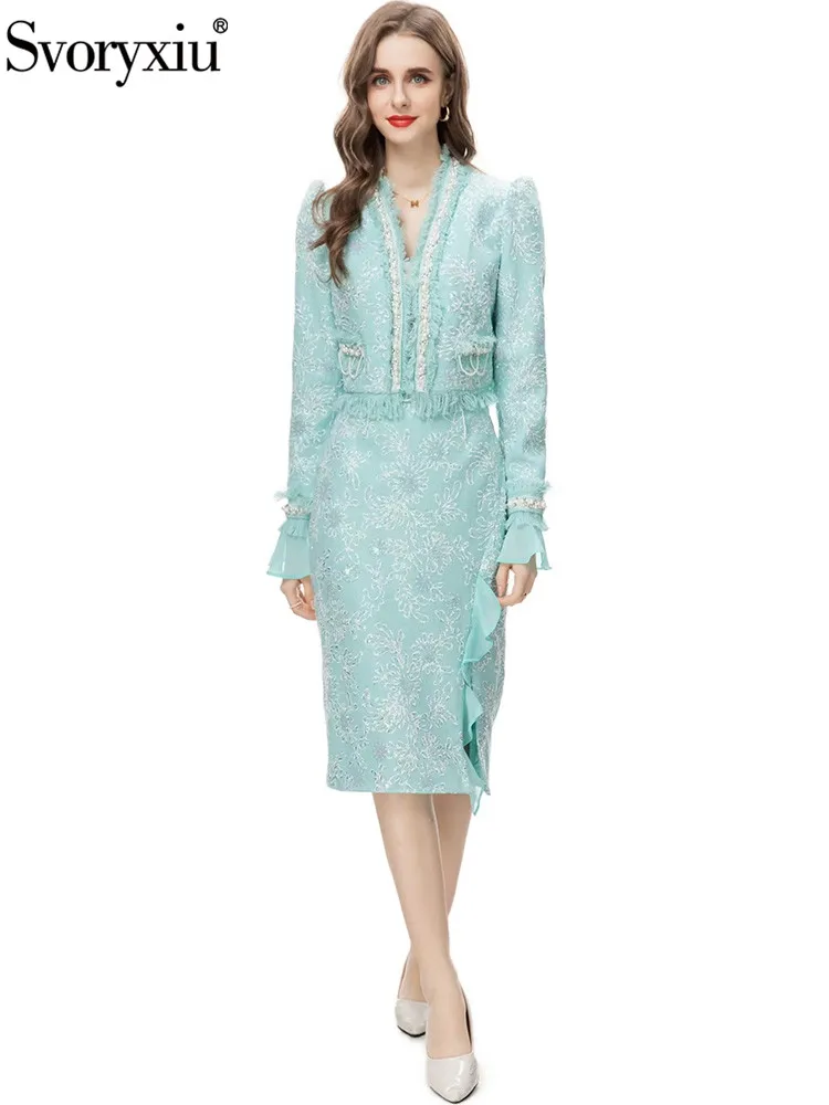 

Svoryxiu Fashion Runway Autumn Mint Color Half Skirt Suit Women's Tassel Diamond Beading Long Sleeve Coat+Flounces Pencil Skirt