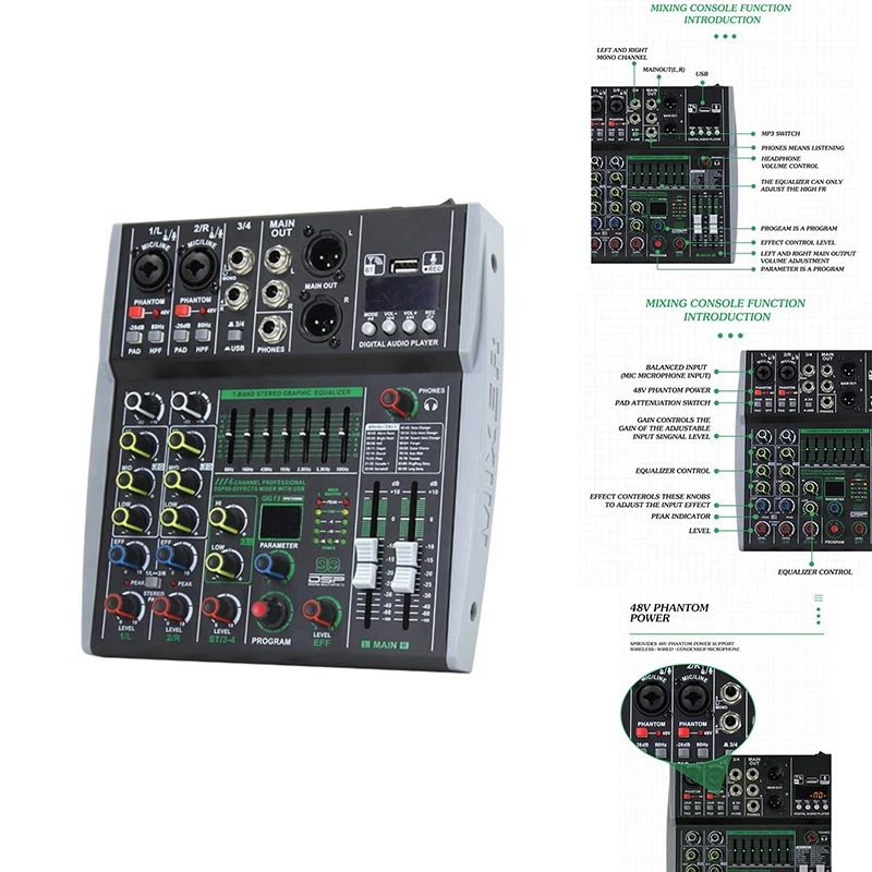 

Professional 4-Channel Mixer Built-In 16DSP 7-Segment Balanced Effect Bluetooth Support Recording Audio Mixer