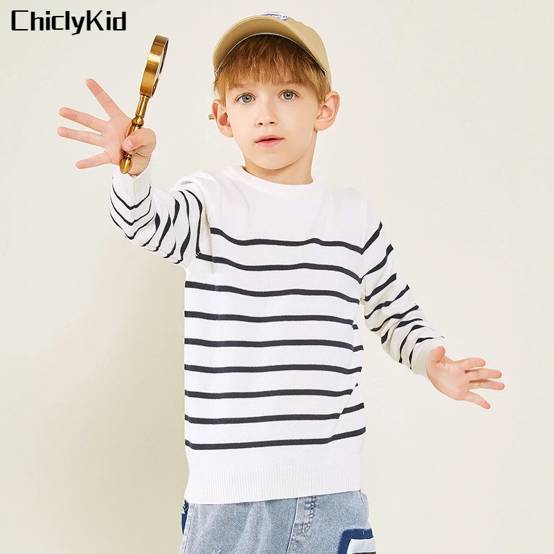 Boys Winter Thick Round Neck Striped Sweaters Kids Spring Warm Pullovers Teen Plush Knitted Top Children Autumn Jumper Knitwear