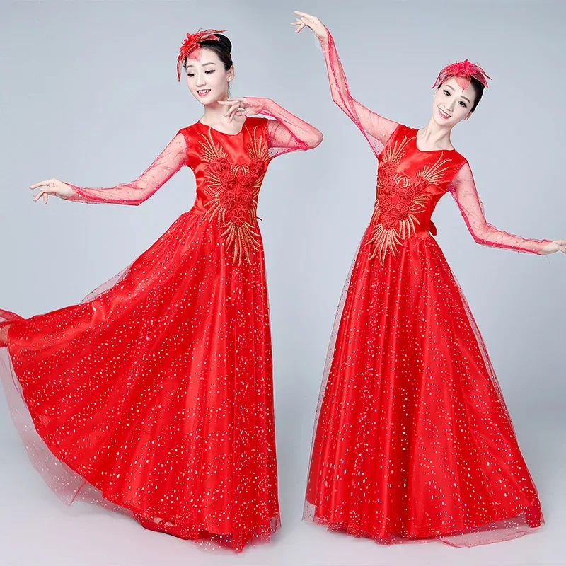 Opening Dance Full-skirt Modern Adult Women Red Dance Dress Wear Spain Large Swing Dress Chorus Dance Stage Costume Suit H608