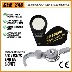 10x Mini Jeweler Loupe Magnifier 21mm LED UV Light Triplet Lens Magnifying Tool Achromatic Aplanatic Foldaway Black Frame
