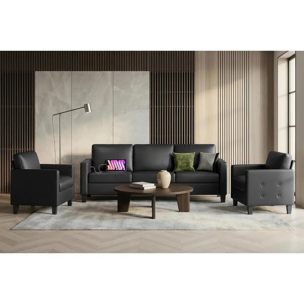 

Leather 3-Seater Sofa and Accent Chair Set, 2-Piece Comfortable Office Furniture, Small Love Seat with Tufting and USB, 3-Piece