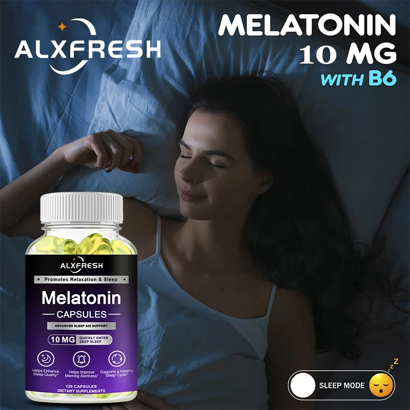 Alxfresh Melatonin 10mg with B6 | Promotes Relaxation Vegetarian, Non-GMO, Gluten Free Dietery Supplement 120/60 Capsules