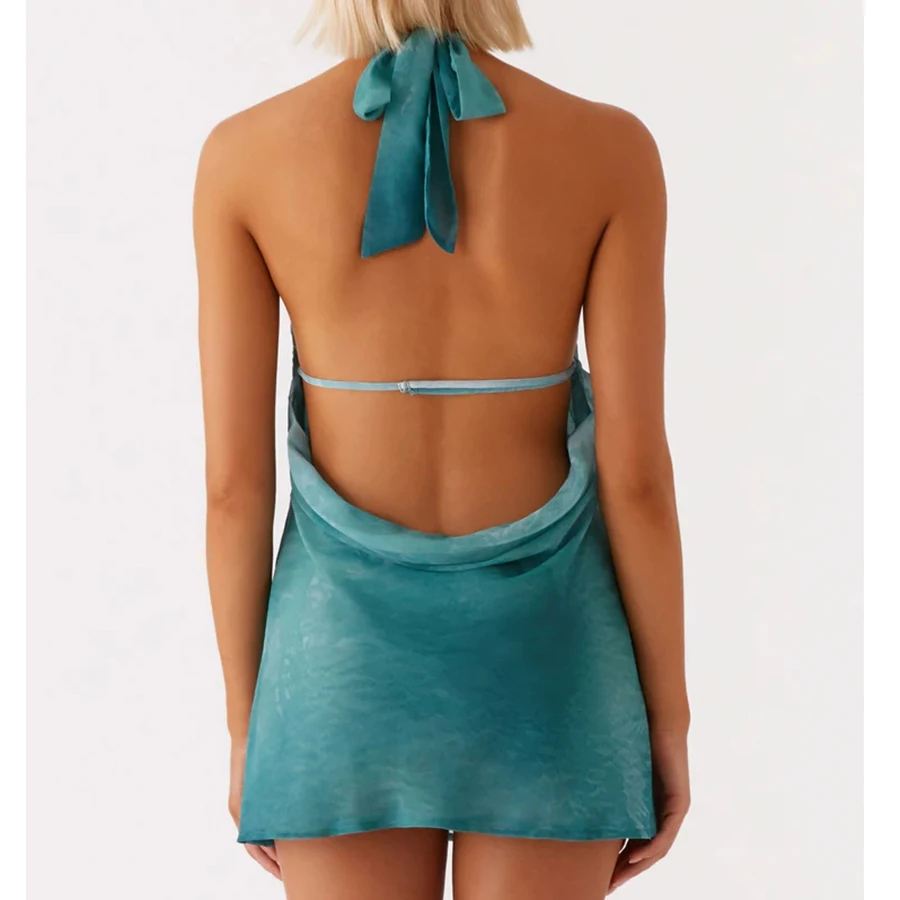 Strand Dames Halterneck Backless Mini-jurk Sexy Stijlvolle Tie Dye Decoratieve Shell Mouwloze Col Jurk