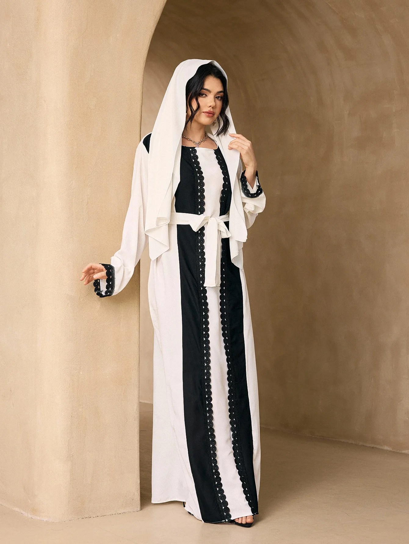Abaya Modest Wear - Black Lace Panel Open Abaya 3pcs