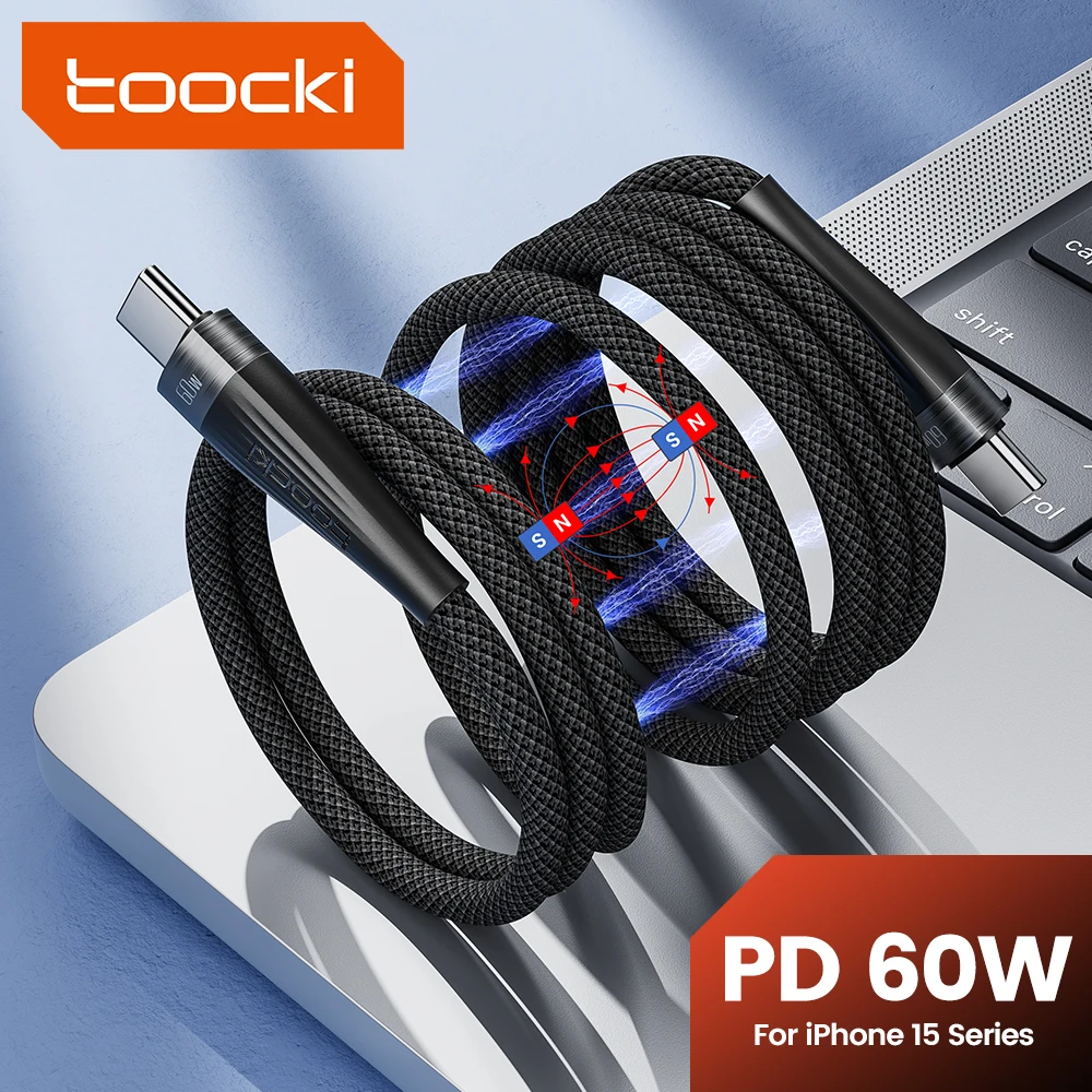 Toocki 60W Magnetic Cable USB C to USB Type C 3A Fast Charging Tangle-Free Magnetic Charger Cord For Macbook IPhone 15 Samsung