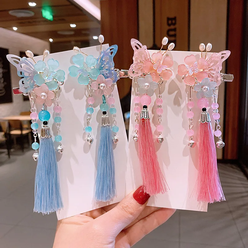 

Новые заколки для волос в китайском стиле Ханьфу с бабочками для девочек, боковые заколки-зажимы с подвесками-кисточками, жемчугом и колокольчиками, винтажный декор в стиле Тан