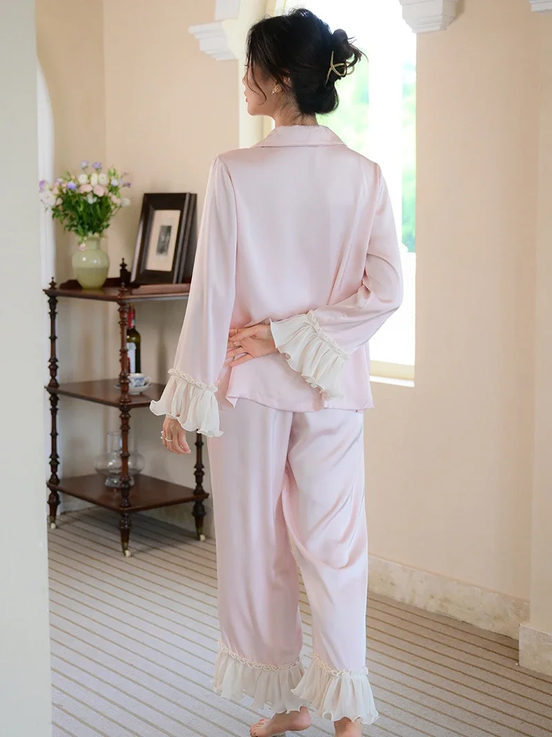 Pink Women Silk Ruffles Long Sleeve Princess Pyjama Pour Femme Sleepwear Loungewear Sweet Girl Nightwear Two Piece Sets