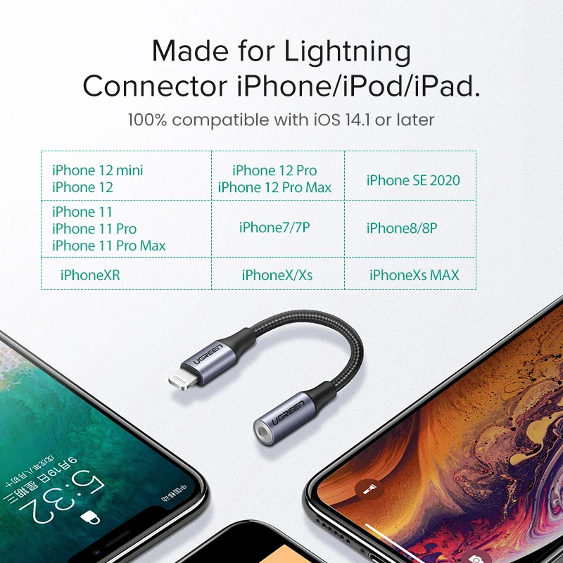 UGREEN อะแดปเตอร์สำหรับ iPhone MFi DAC Lightning ถึง3.5มม.อะแดปเตอร์หูฟังสำหรับ iPhone 12 11 Pro Max Xr Aux สายโทรศัพท์อุปกรณ์เสริม