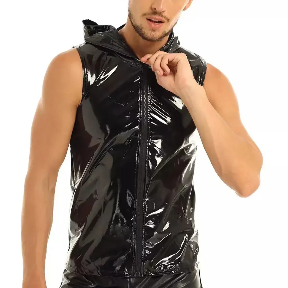 Large Size Men's Mirror Leather Vest Bright Leather Hooded Sleeveless Vest T-Shirt Tights Men's