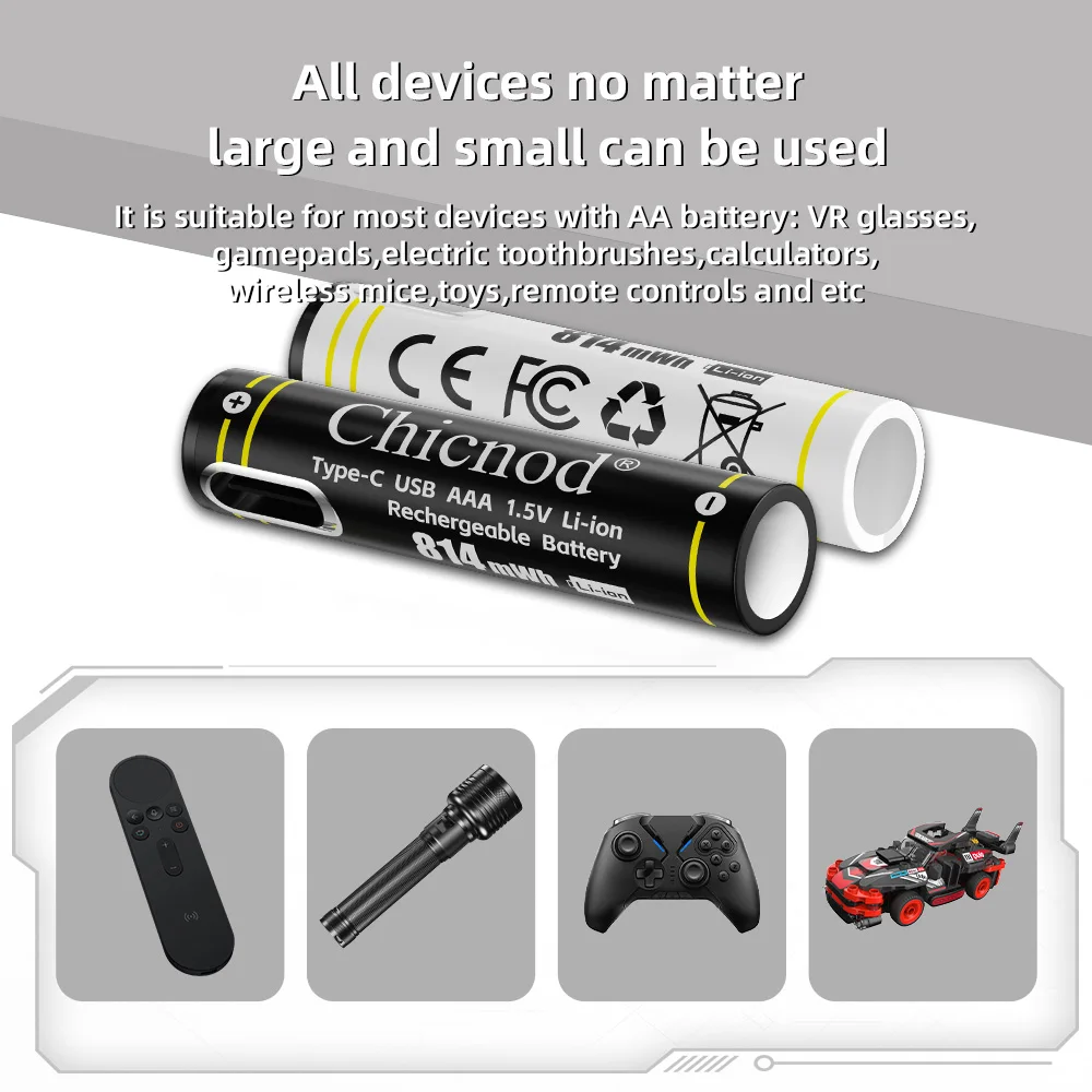 CHICNOD Fast Charging 1.5V AAA Lithium ion Battery 814mWh USB Rechargeable Lithium Battery for Toy Keyboard+Type-C Charging Cabl