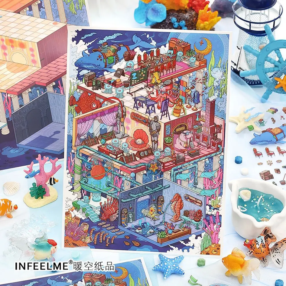 

Card Lover 4 Pcs [Today Business Series] 3D Landscape Stickers Deep Sea Hall Blacksmith Shop Simple Scrapbooking Kawaii