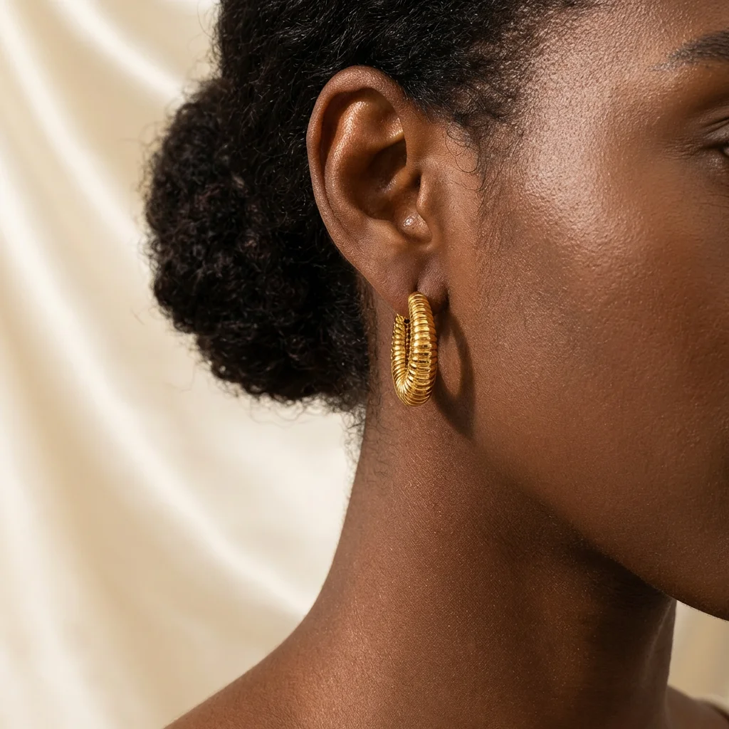 

Chunky Gold Color Stud Earrings for Women Ribbed Texture Stainless Steel Small Huggie Hoops Vintage Statement Jewelry Gifts