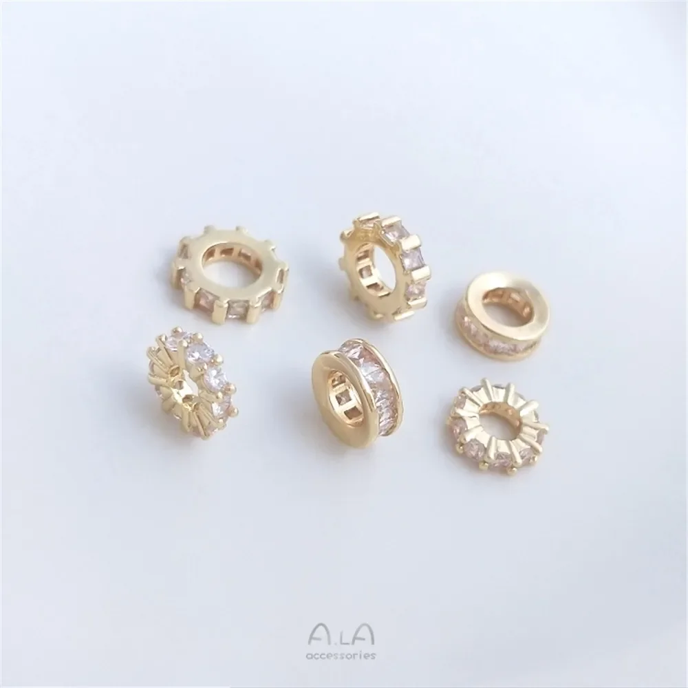 Microinlaid zircon 14K covered gold diamond ring spacer square zirconium wheel spacer bead ring diy handmade jewelry accessories