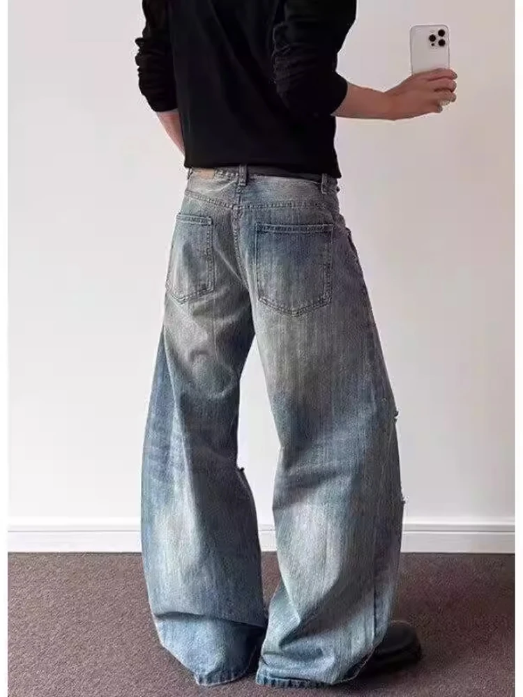 

American Sle Vintage Hole Denim Jeans Men's Summer Loose Casual Straight Leg Wide Leg Pants Bamboo Fiber Micro Flared Knife...