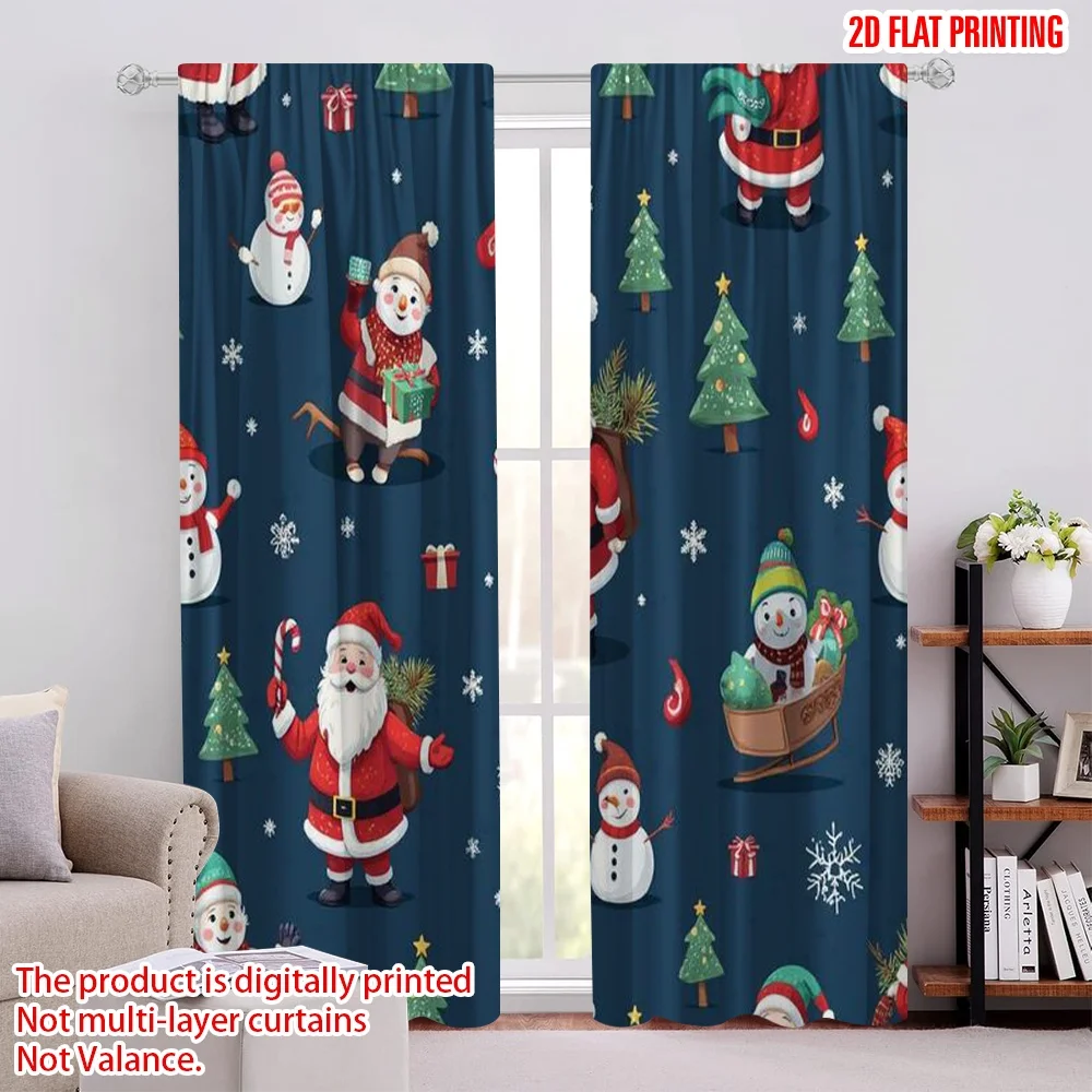 

2pcs 2D flat printing Merry Christmas Scene Curtains Blue Cartoon Santa Claus 100% Polyester Without Electricity Festive Wall