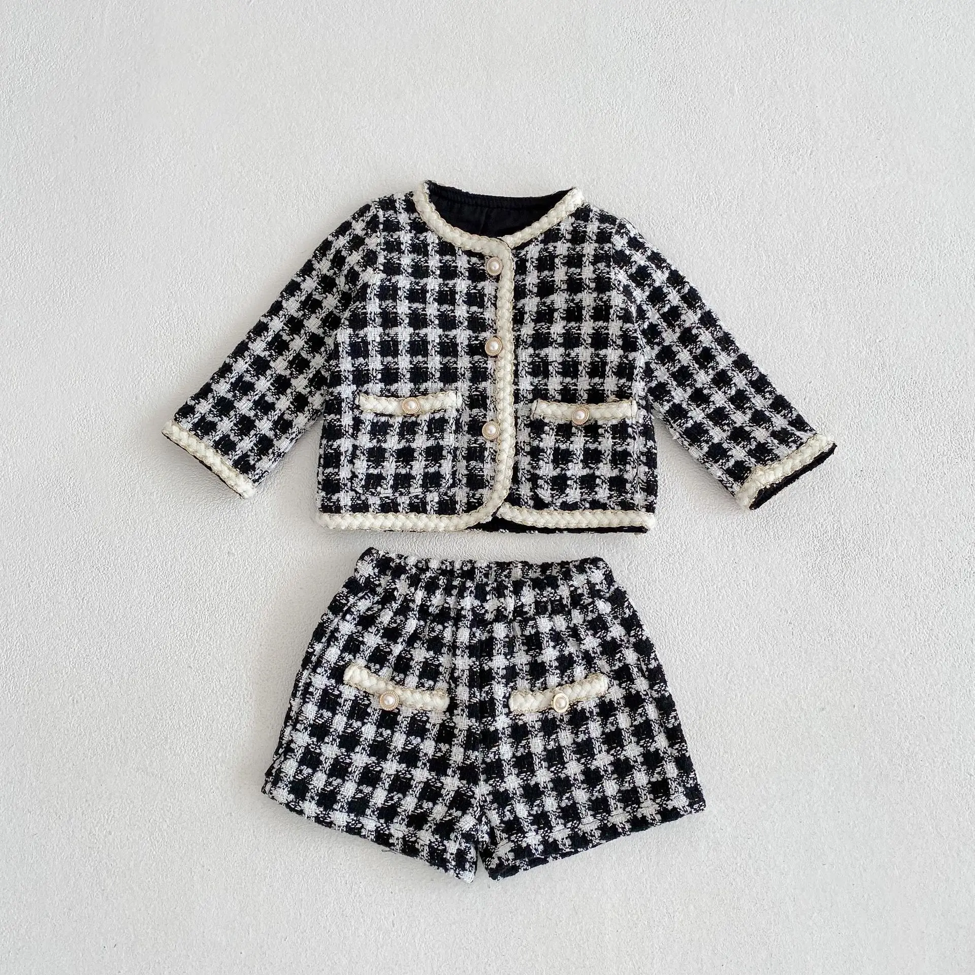 Girl Clothing Set 2023 Spring Baby Tweed Plaid Girl's Two Piece Suit Jacket+ Short Pants Sweet Girl's Suit