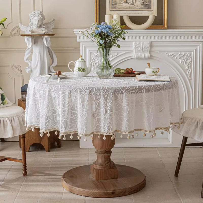 White Round Tablecloth for Wedding Decor Embroidered Lace Table Cloth Rectangle Tablecloth Banquet Coffee Table Cover Kitchen