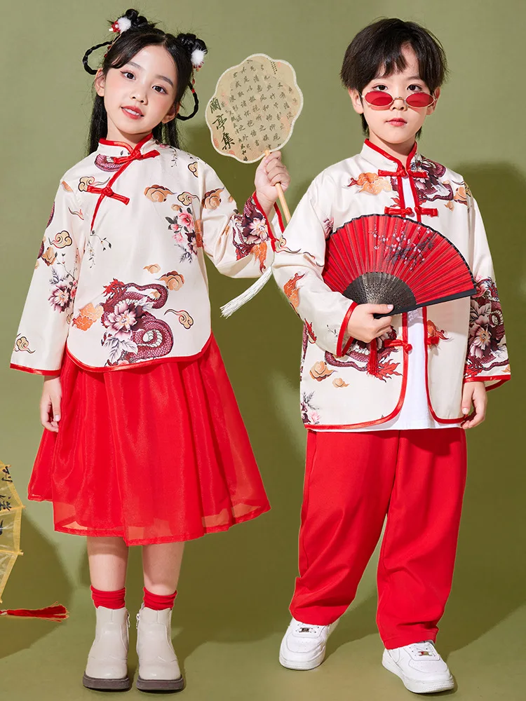 Girls Cheongsam Hanfu Costume Red White Print Tops Red Pants Skirt for Kids Boys Chinese Traditional Clothing