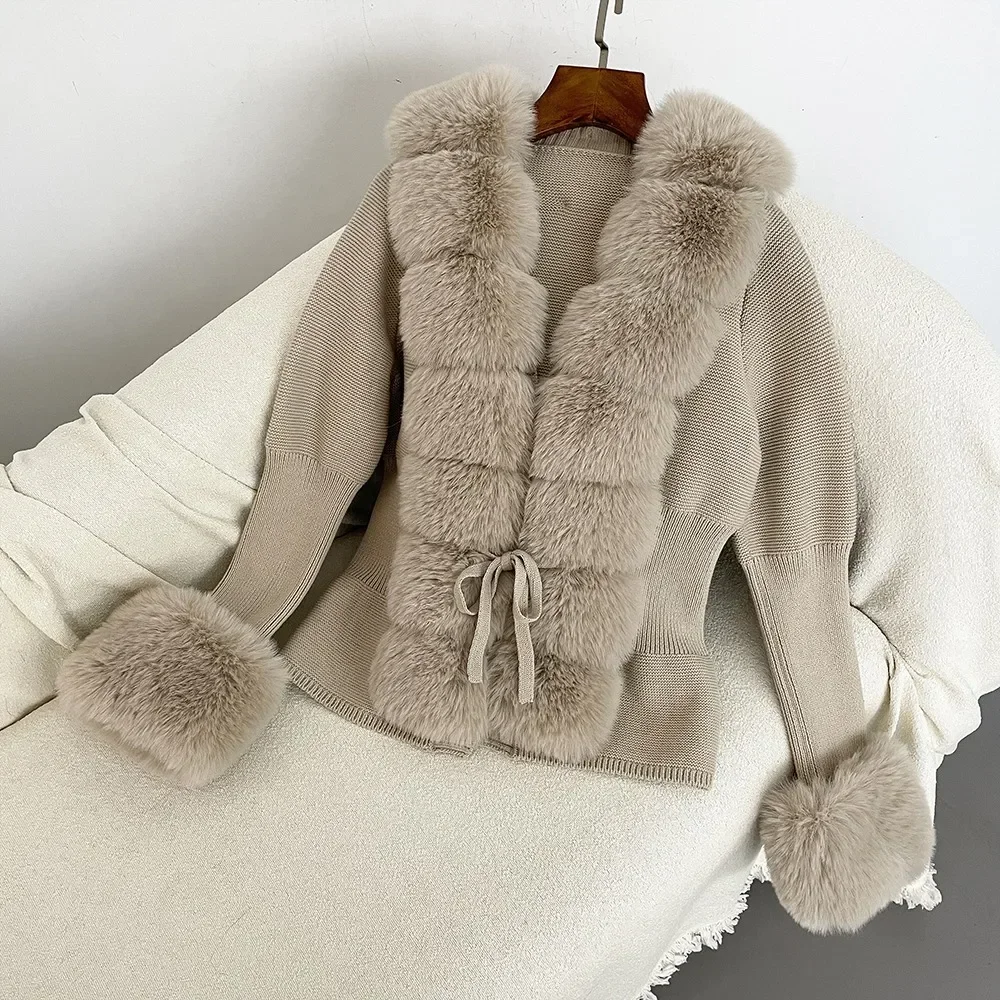 Fur Cardigan Detachable Collar Jacket Faux Fur Coat Luxury Patchwork Knit Sweater Bandage Autumn-winter Women\'s Faux Fur Coat