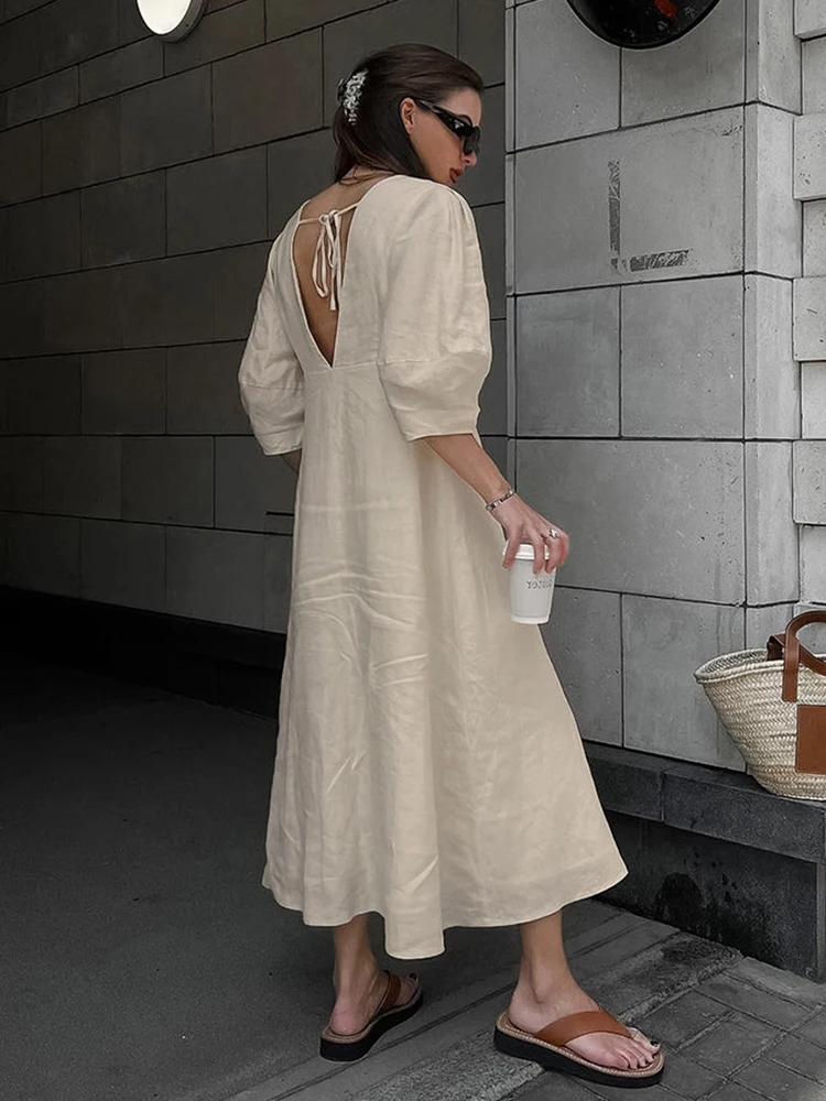 2023 Summer Autumn Solid Khaki Holiday Shirt Dress V-neck Short Sleeve Midi Dress For Women