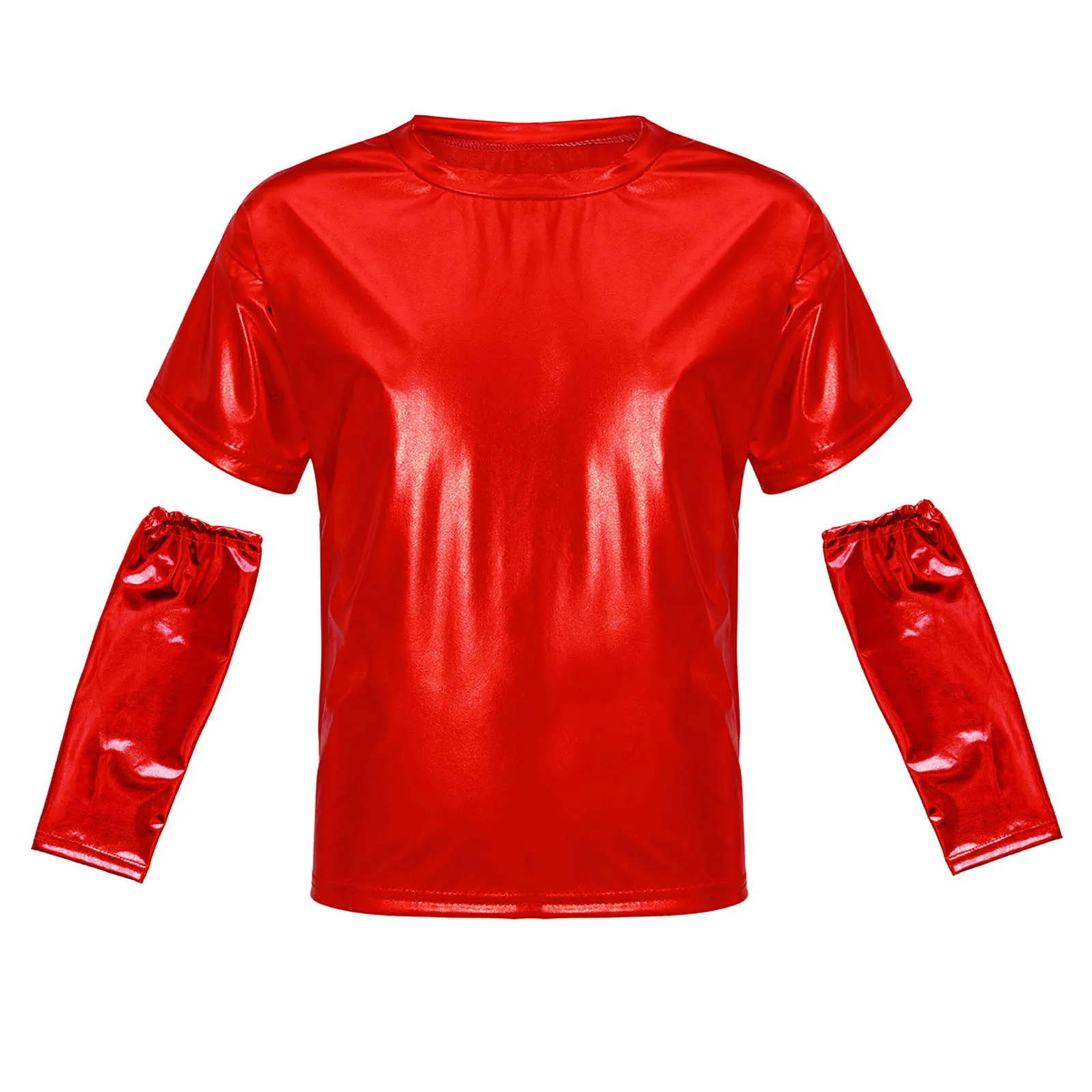 Bambini Ragazze Ragazzi Jazz Dance Streetwear Party Stage Performance Top T-shirt girocollo a maniche corte metallizzata lucida con guanti