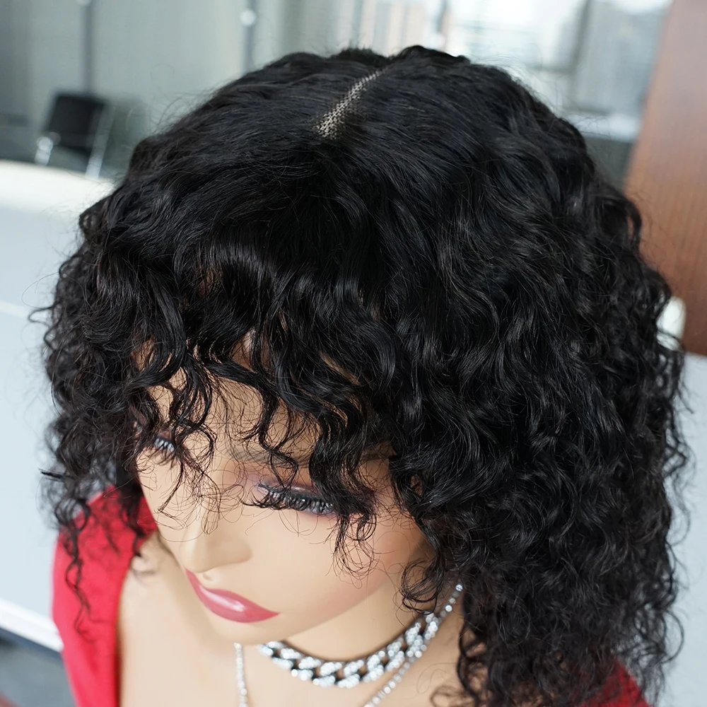 Jerry Curly 2*1 Lace Bob Wig With Bangs Middle Part Top Lace Remy Brazilian Human Hair Wigs With Fringe Curly Wigs