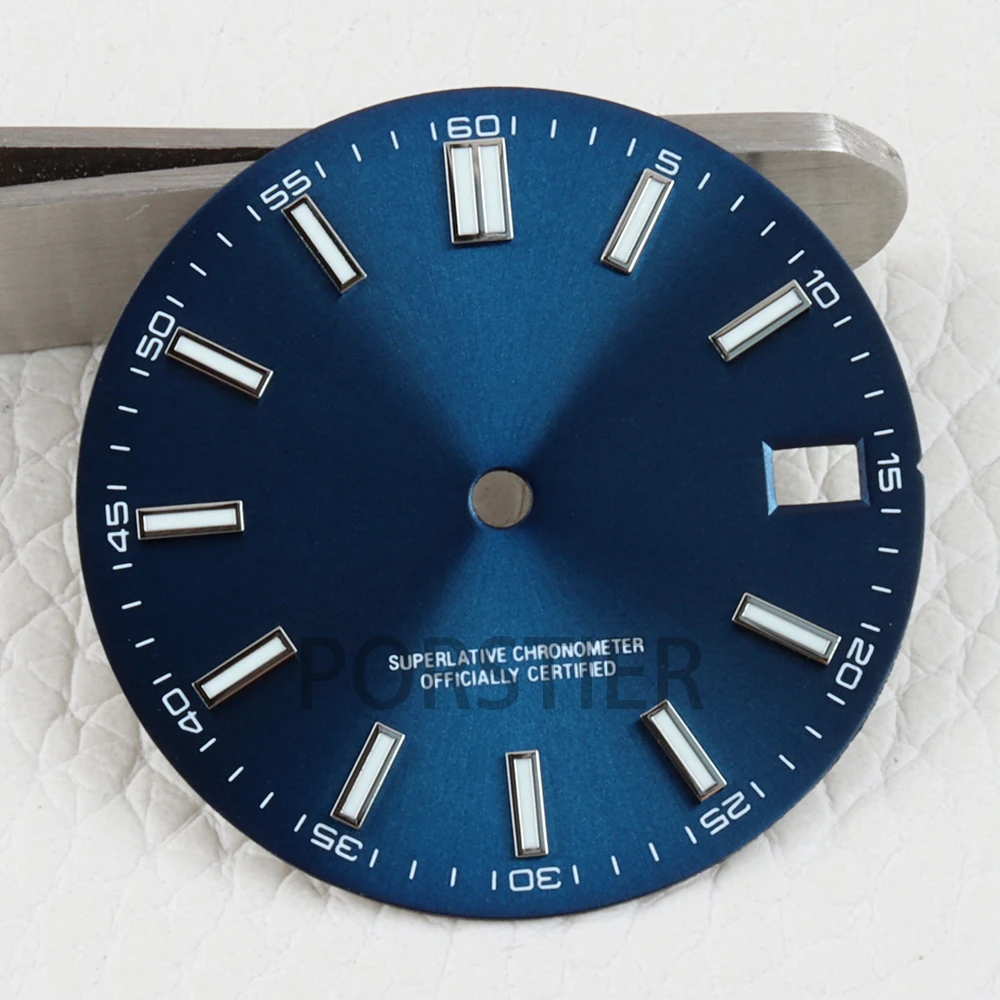 28,5 mm NH35 wijzerplaat voor DATEJUST nh35/nh36 uurwerk, blauwe luminescerende sunburst textuur wijzerplaat, datumvenster, horlogewijzerplaat onderdelen