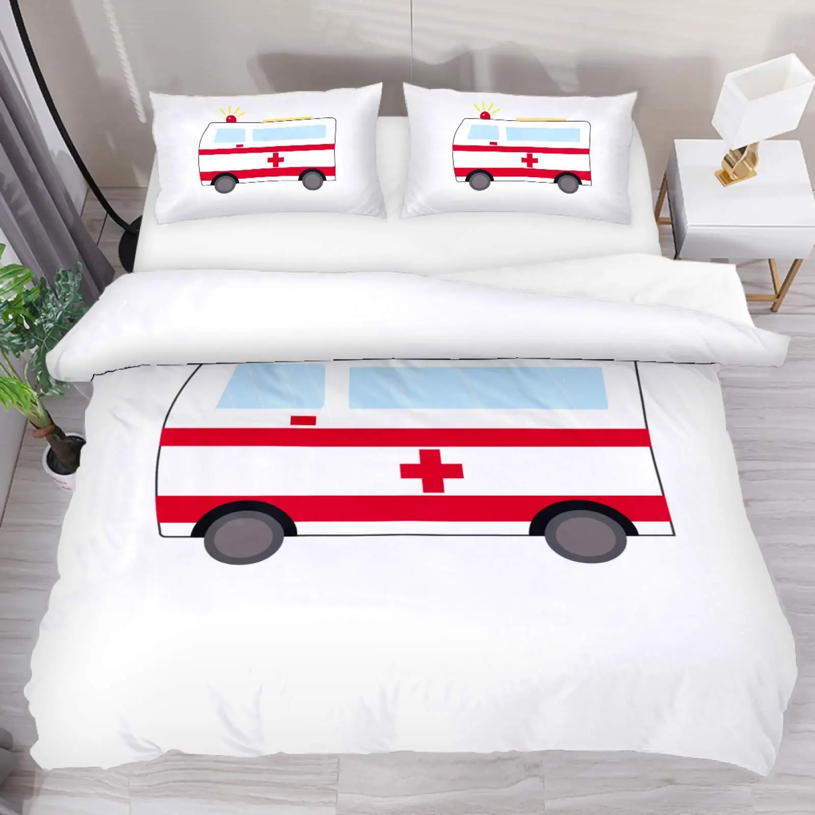 Ambulance Car King Queen Duvet Cover White Cartoon Medical Car Bedding Set for Kid Hospital Rescue Vehicle Polyester Quilt Cover