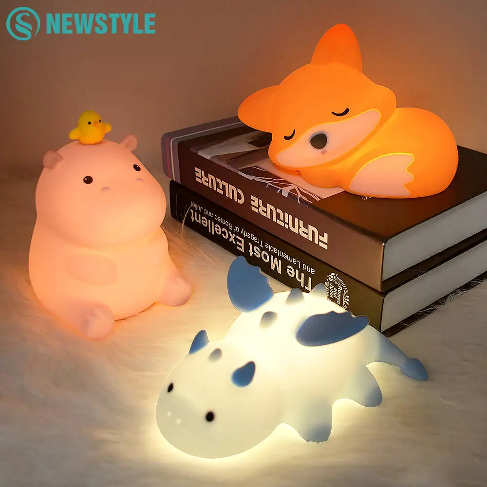 Cute Children's Silicone Night Light Novelty Fox Hippo Pat Toy Rechargeable With Touch Sensor Children's Bedroom Night Light
