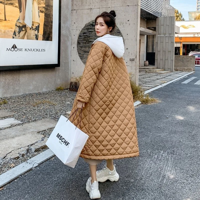 Light Thin Cotton Jacket Women Autumn Winter Knee Length Loose Korean 200 Pounds Thick MM  Diamond Checkered Down Cotton Jacket