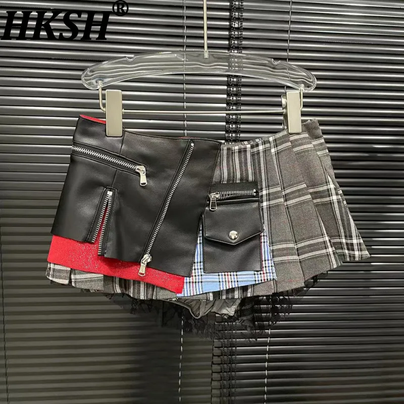 

HKSH 2026 Summer New Women Short Skirt PU Leather Patchwork Pleated Asymmetrical Design Streetwear Y2K Trend Punk Skirts HK18560
