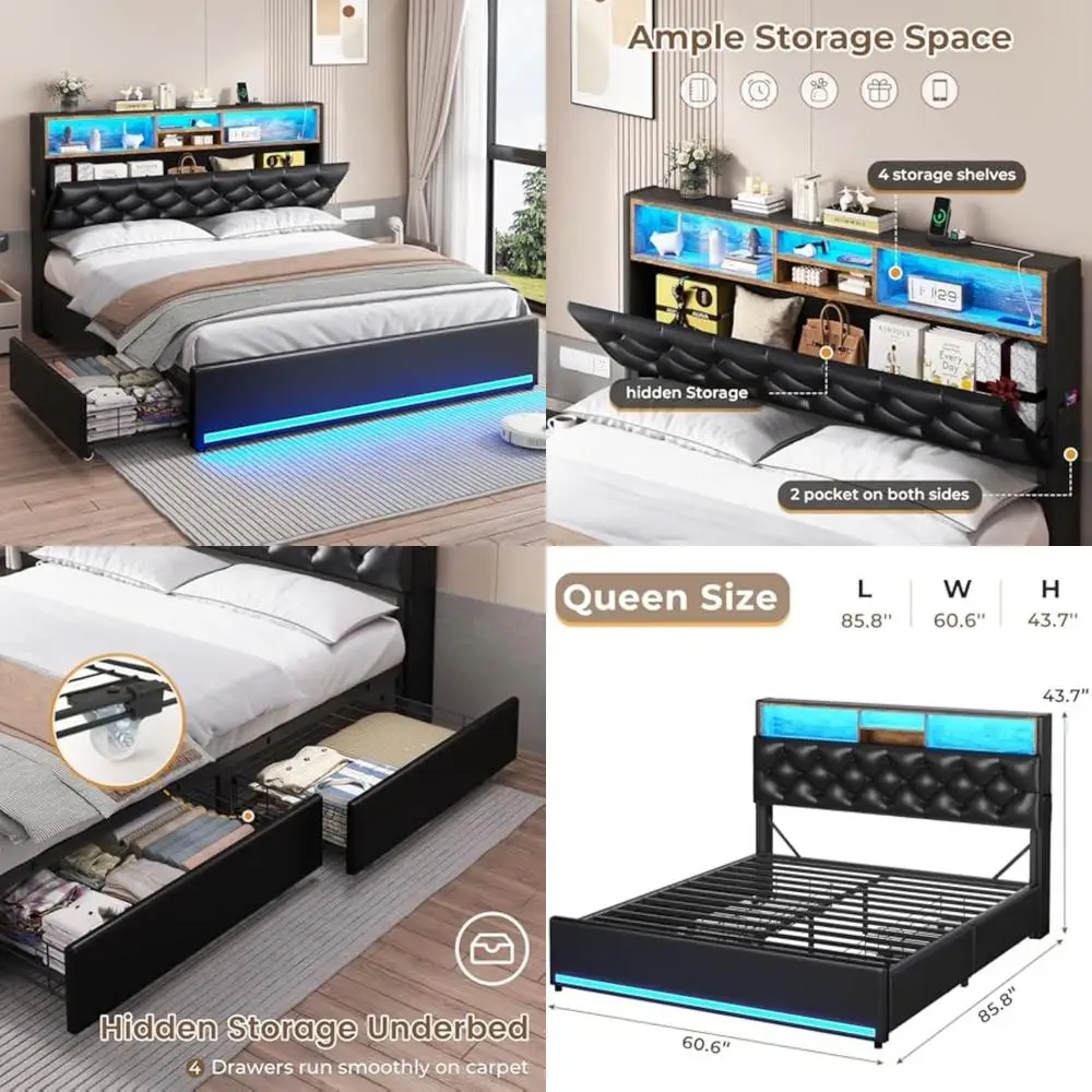 Queen Size Bed Frame with 3-Level Headboard, Storage and Upholstered LED Lighting, 4-Drawer Charging Station Included