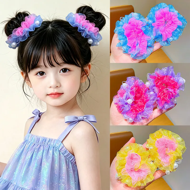 2/4 Stück Kinder-Haarband mit Netzperlen und Blumen, Schonend für Mädchenhaar, Doppelkugel-Haarschmuck für Kinder – Detail 1
