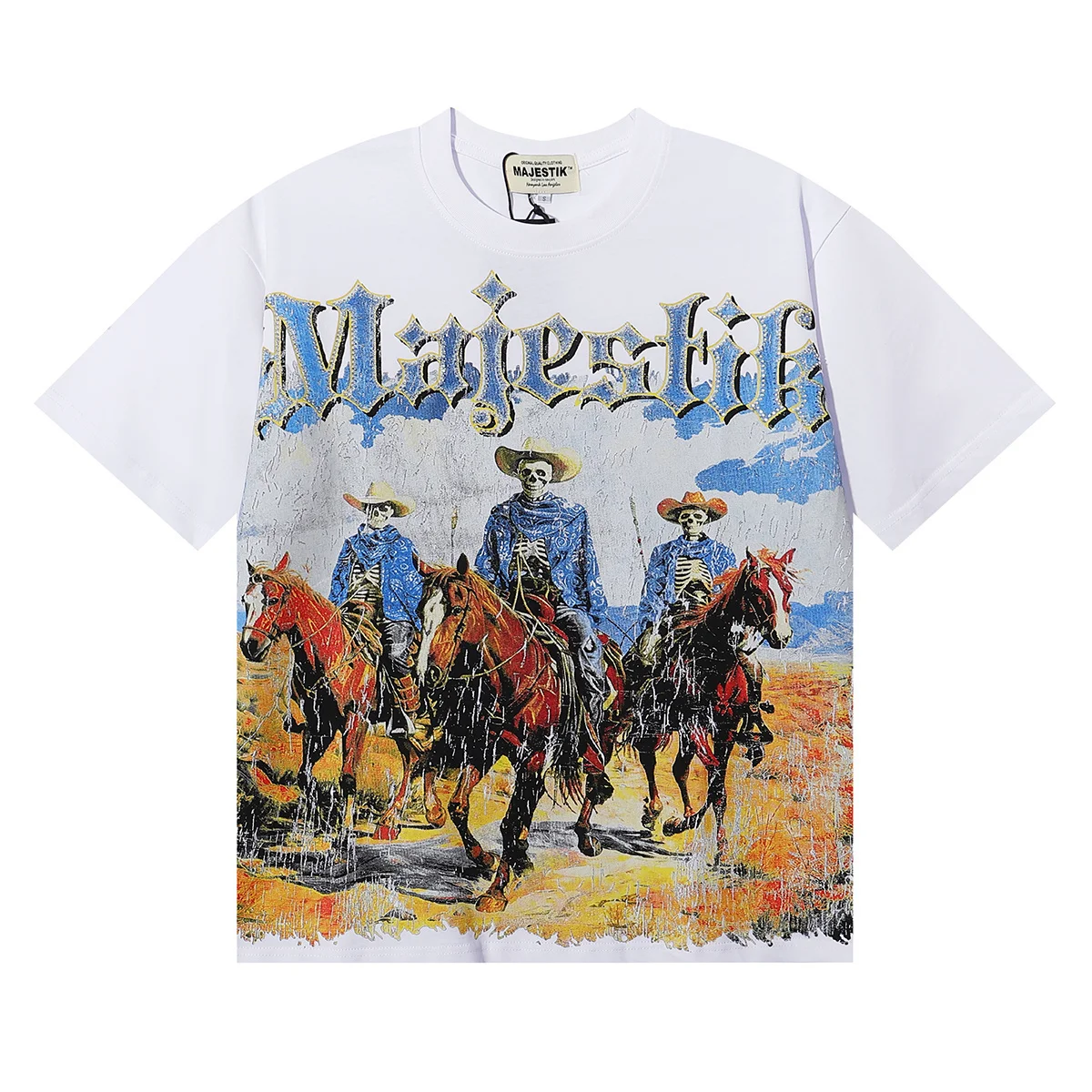 Retro American STIK Skeleton Knight Worn-In Rhinestone INS Trendy Summer High Street Pure Cotton round Neck Short Sleeve T-Shirt