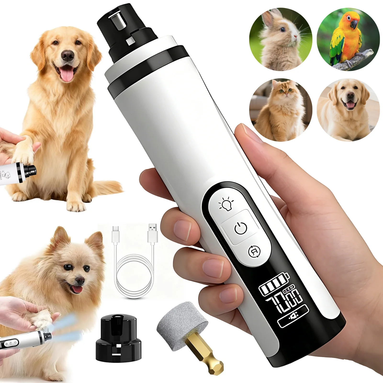 USB-Aufladbarer Krallenschleifer für Haustiere, 3 Geschwindigkeitsmodi mit 2 LED-Leuchten, Elektrisches Pfotenpflege-Werkzeug für Hunde und Katzen