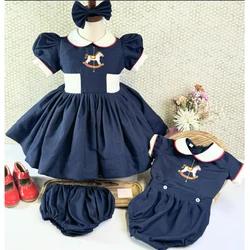 Baby Girl Summer Navy Blue Merry-go-round Embroidery Vintage Boy Set Suit for Eid Causal Party Holiday B311