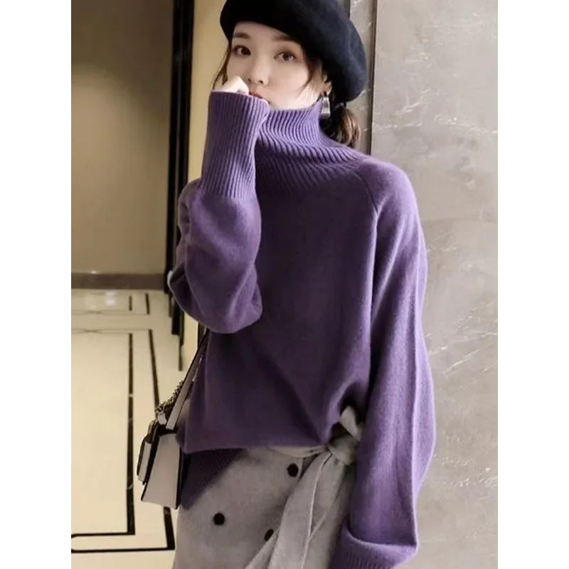 

Сплошной цвет, свитер с высоким воротником для женщин, осень-зима 2022, новый сращенный пуловер, свободный вязаный топ с длинными рукавами