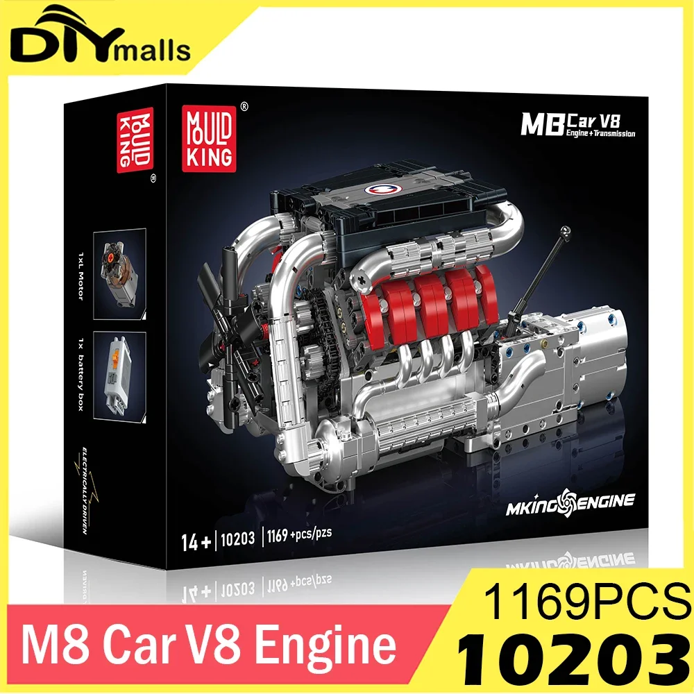 

Mould King 10203 MB Merc V8 Engine Building Blocks Technical Car Part with Gearbox Motorized Simulation Model Electrically Drive