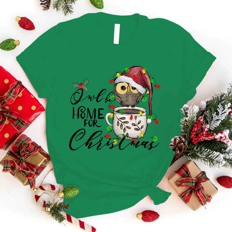 

Women Fashion Summer T Shirts Owl Be Home For Christmas Letter Print T-Shirts Unisex Short Sleeve Graphic Tee Casual T Shirts