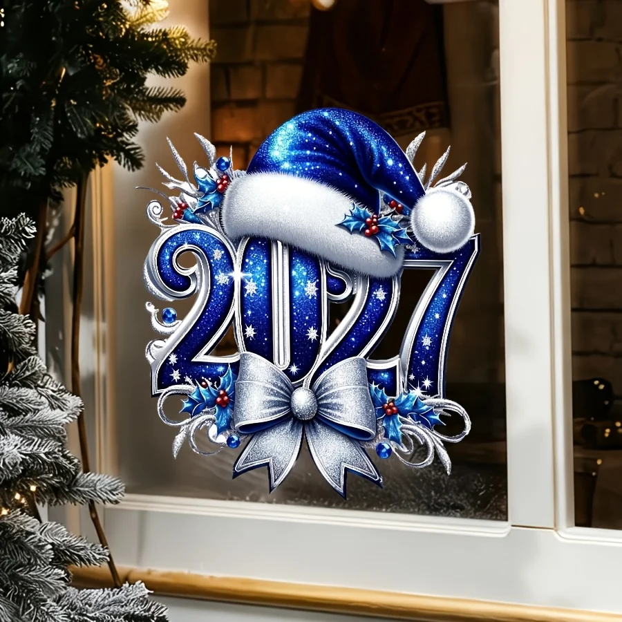 1PC 2027 Christmas Window Sticker Blue Santa Hat Bow Decal Removable Self‑Adhesive New Year Glass Window Decor for Home Party view 4