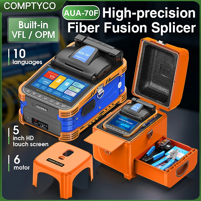 AUA-70F Fiber Optic Fusion Splicer 6 Motors Multilingual Touch Screen SM MM Optical Fiber Core Splicer Machine Built-in VFL OPM