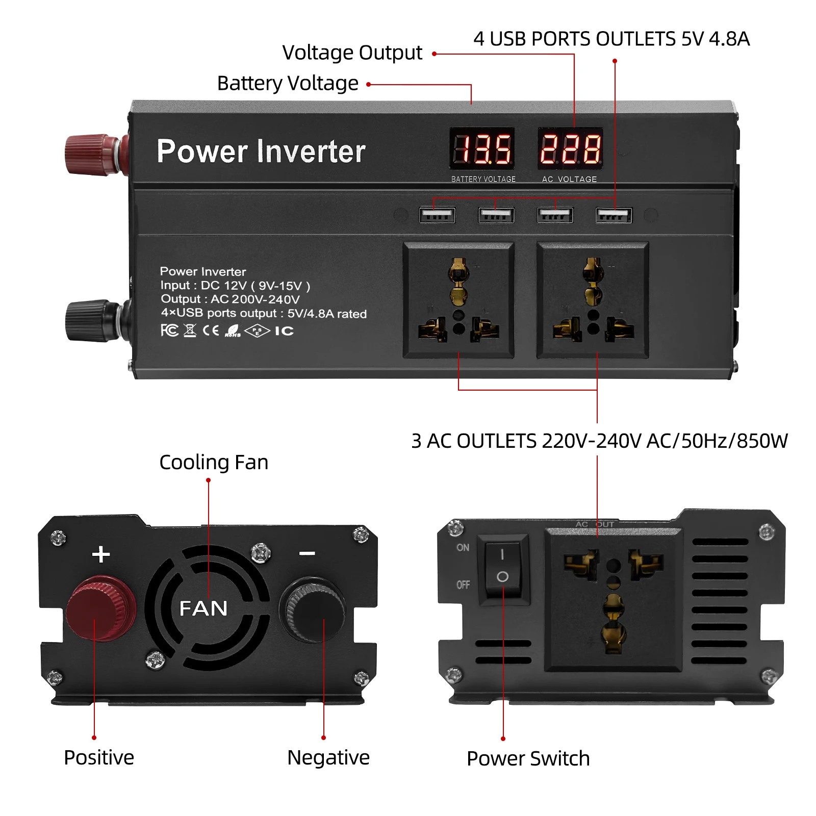 Imagem -02 - Inversor de Energia do Carro com Soquetes 2600w Inversor para Acampamento ao ar Livre e Barco Conversor de Bateria tipo dc 12v 24v 220v ac 110v